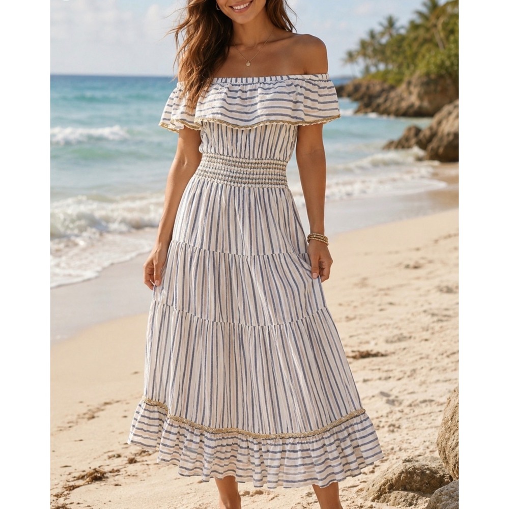Calypso St Barth Chrisette maxi dress. 100% cotton.
Size L Blue white gold trim